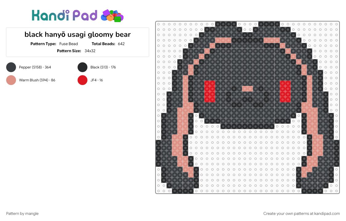 black hanyō usagi gloomy bear - Fuse Bead Pattern by mangle on Kandi Pad - accessory keychain, animal animals, beige, black, bunny rabbit, charm, decora, hanyo usagi all purpose bunny, scene emo, scenemo