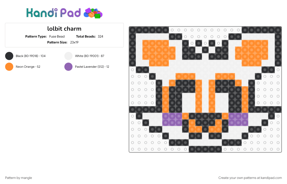 lolbit charm - Fuse Bead Pattern by mangle on Kandi Pad - charms, cute kawaii, five nights at freddys, fnaf, fox, furry, keychain, orange, video game, white