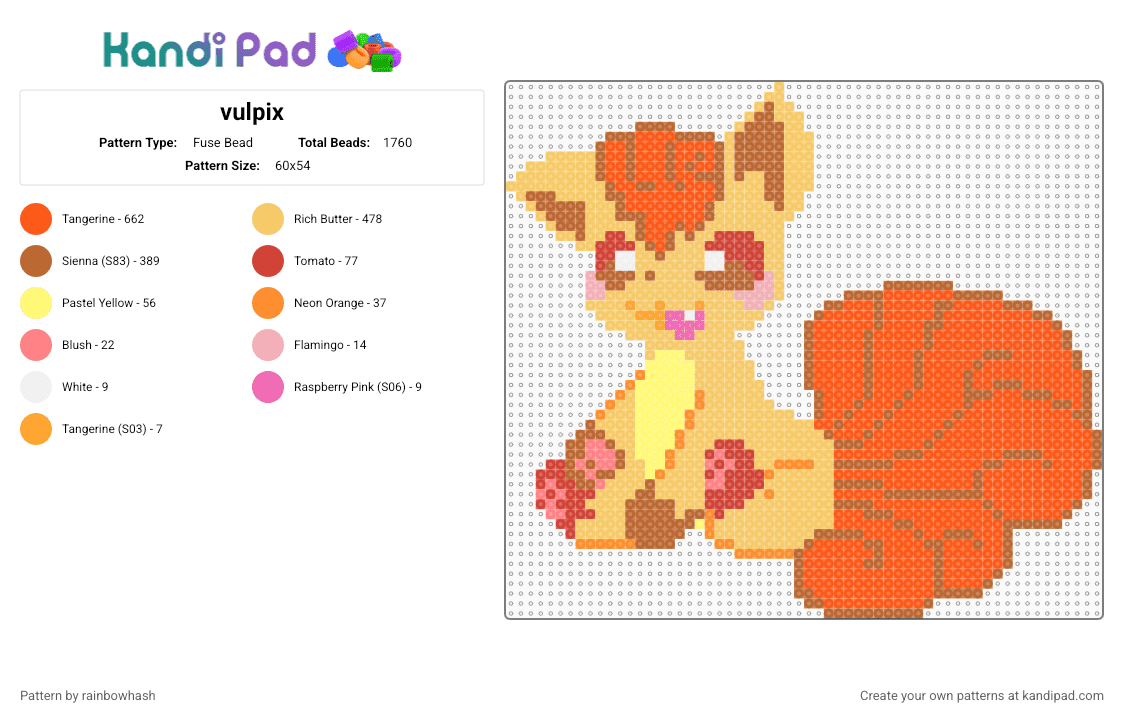 vulpix - Fuse Bead Pattern by rainbowhash on Kandi Pad - yellow,tan,orange,pokmon,cute,kawaii,animal,nintendo,video game