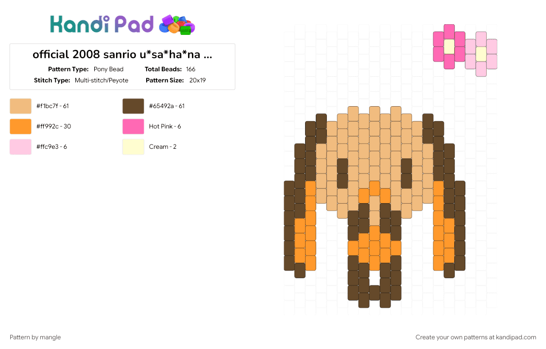 official 2008 sanrio u*sa*ha*na friends aquabeads set (aq-s05) (4) - Pony Bead Pattern by mangle on Kandi Pad - 2000s y2k, animal animals, anzu, brown, bunny rabbit, cute kawaii, cutecore kawaiicore, decora colorful, orange, usahana sanrio
