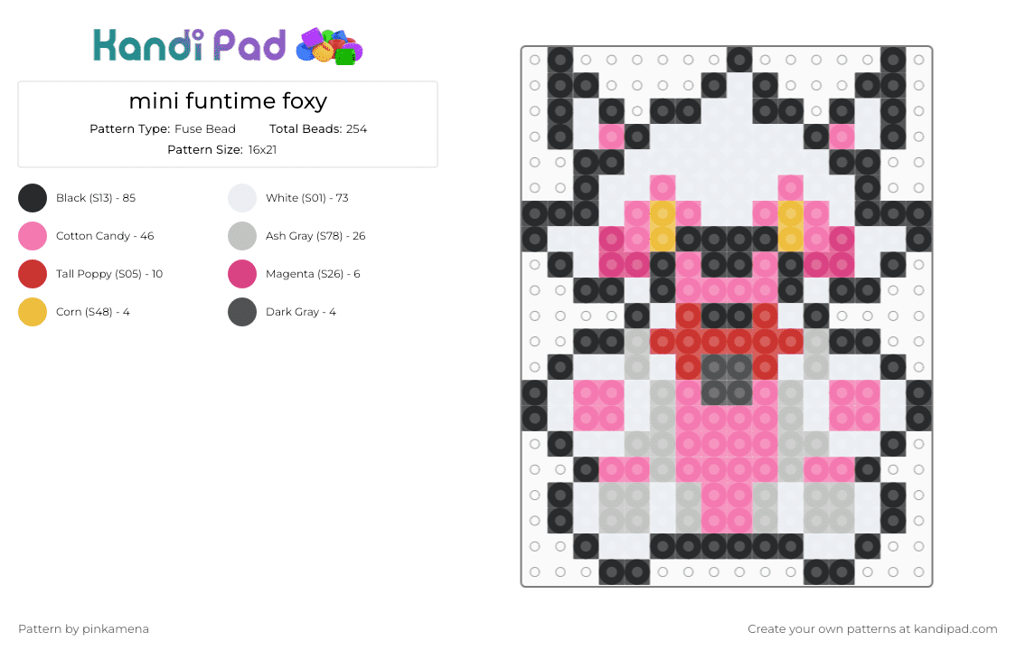 mini funtime foxy - Fuse Bead Pattern by pinkamena on Kandi Pad - white,pink,beige,small,tiny,charm,keychain,fnaf,five nights at freddys,video game,easy