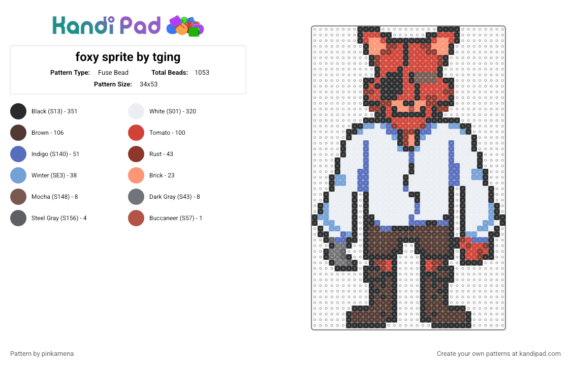 foxy sprite by tging - Fuse Bead Pattern by pinkamena on Kandi Pad - white,red,blue,brown,fnaf,five nights at freddys,video game