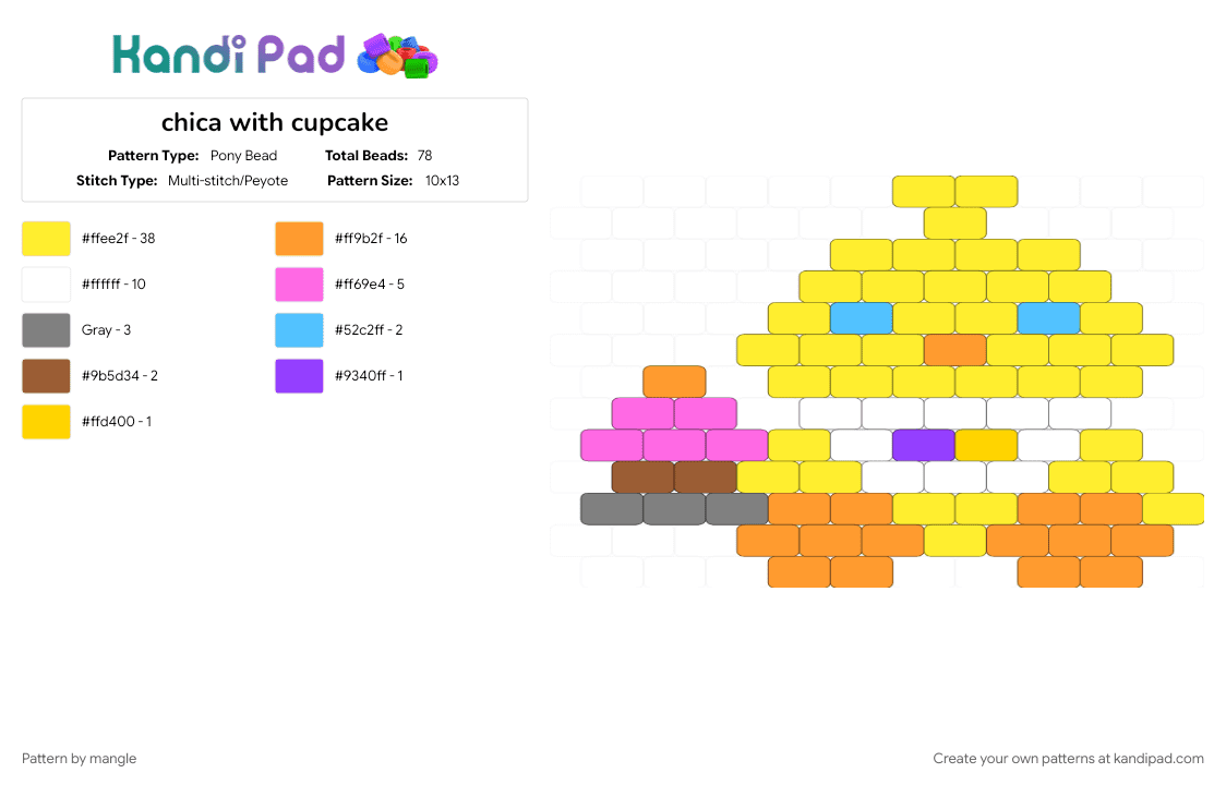chica with cupcake - Pony Bead Pattern by mangle on Kandi Pad - charm, charms, chicken, five nights at freddys, fnaf, keychain, orange, video game, yellow