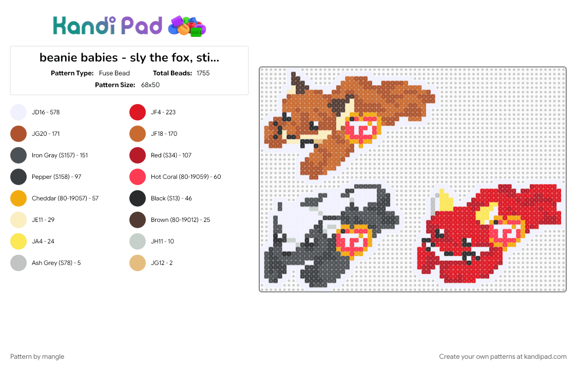 beanie babies - sly the fox, stinky the skunk, savvy the fox - Fuse Bead Pattern by mangle on Kandi Pad - 90s, beanie boos, cute kawaii, orange, plush plushy plushie, plushies plushes, red, stuffed toy toys, ty