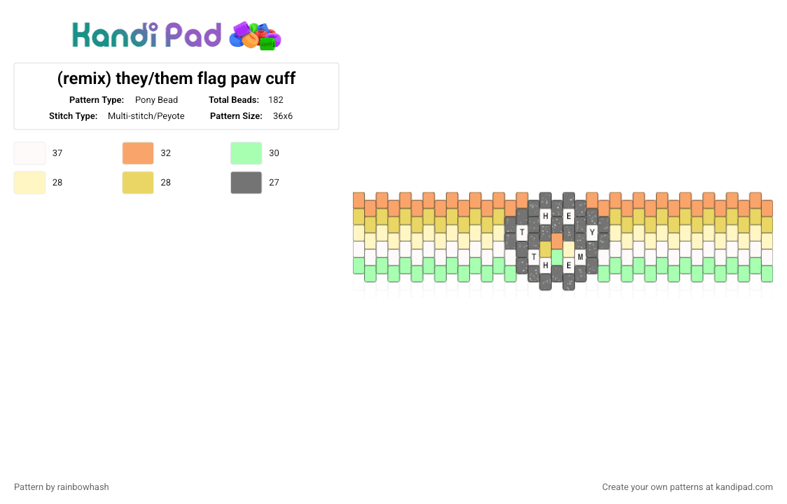 they/them flag paw cuff - Pony Bead Pattern by mangle on Kandi Pad - lgbt, lgbtq, lgbtqia, pride, pronouns, they them, trans gender, transgender, yellow