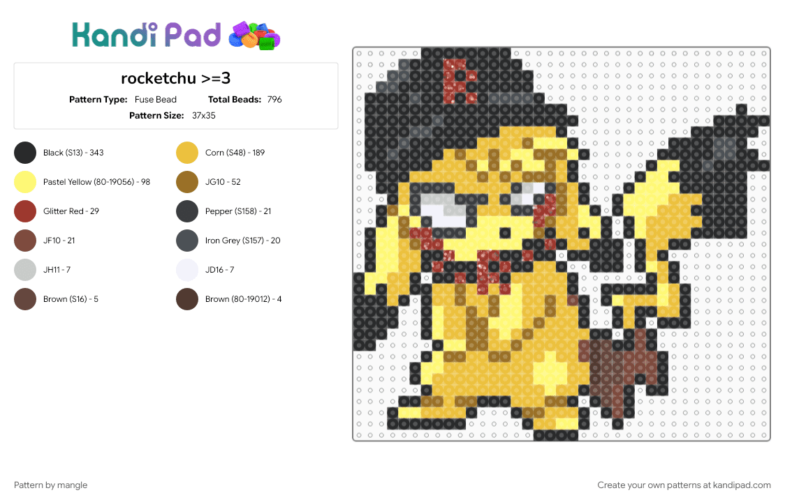rocketchu >=3 - Fuse Bead Pattern by mangle on Kandi Pad - animal animals, black, edgy, emo 2000s, nintendo, pikachu, pokemon, video game, y2k scenemo scene, yellow
