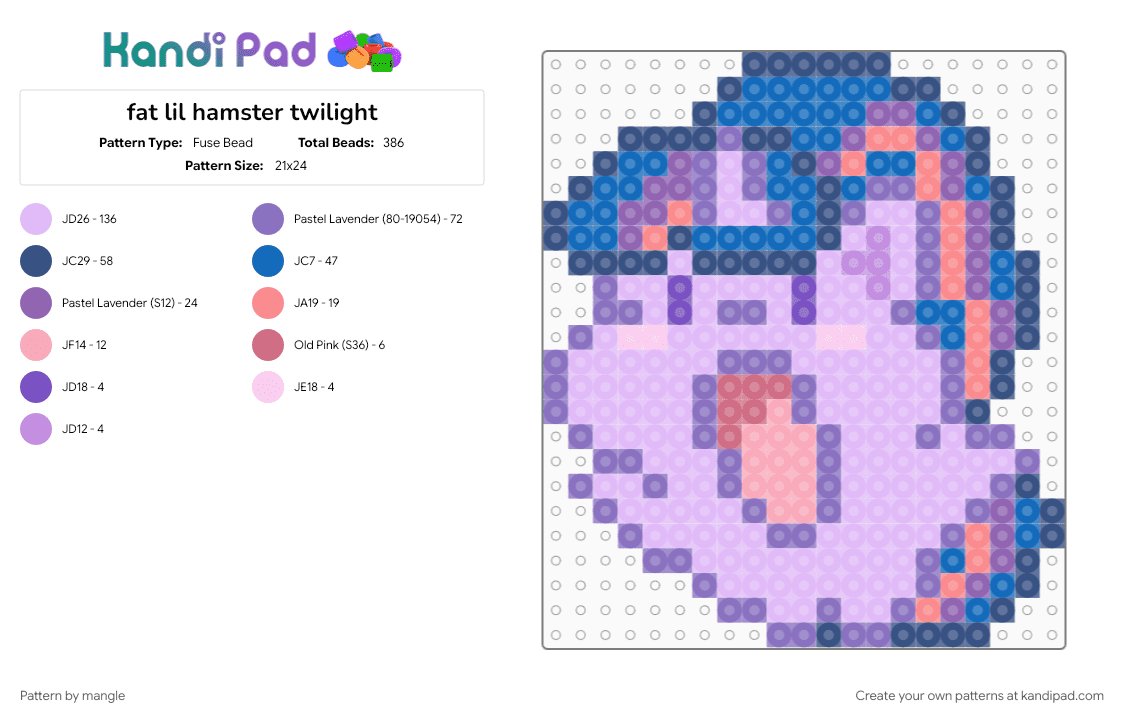 fat lil hamster twilight - Fuse Bead Pattern by mangle on Kandi Pad - animal, animals, blue, cartoon, cute kawaii, decora, funny silly, keychain, mlp my little pony, pink