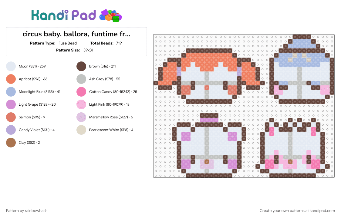 circus baby, ballora, funtime freddy, funtime foxy - Fuse Bead Pattern by mangle on Kandi Pad - brown, charm, charms, cute, five nights at freddys, fnaf, kawaii, orange, sister location, video game