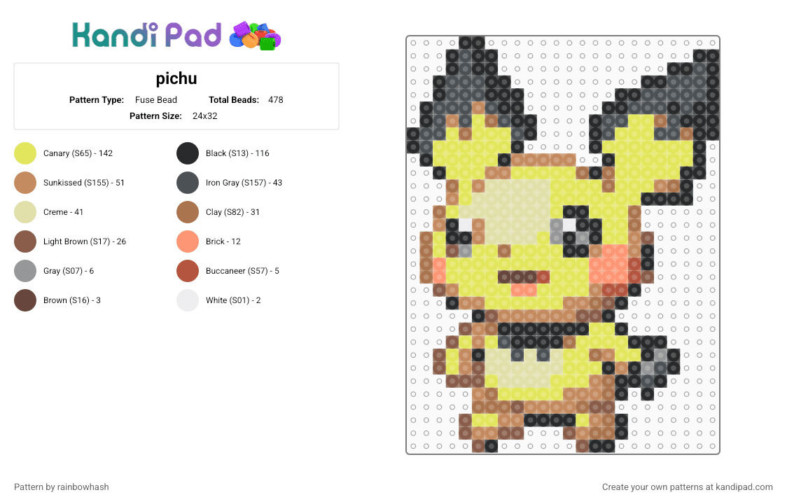 pichu - Fuse Bead Pattern by mangle on Kandi Pad - animal, cute, kawaii, nintendo, pikachu, pokmon, tan, video game, yellow