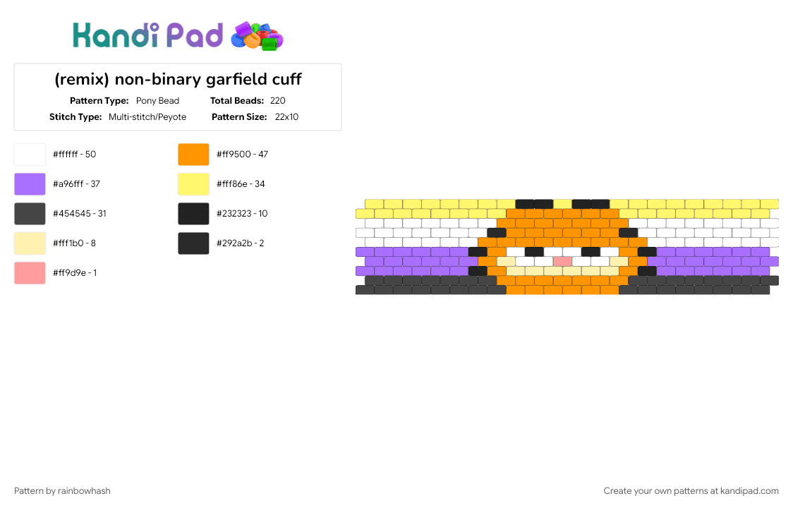non-binary garfield cuff - Pony Bead Pattern by mangle on Kandi Pad - animal, animals, kitten, kitty cat, lgbt queer, lgbtq pride, lgbtqia enby, orange, pink, yellow