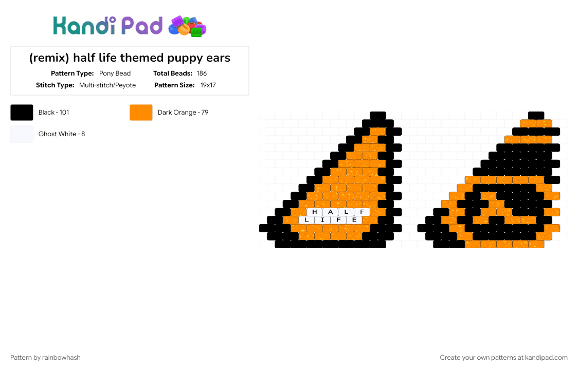 half life themed puppy ears - Pony Bead Pattern by mangle on Kandi Pad - accessories, accessory, animal, dog, halflife, orange, valve, video game, wearable