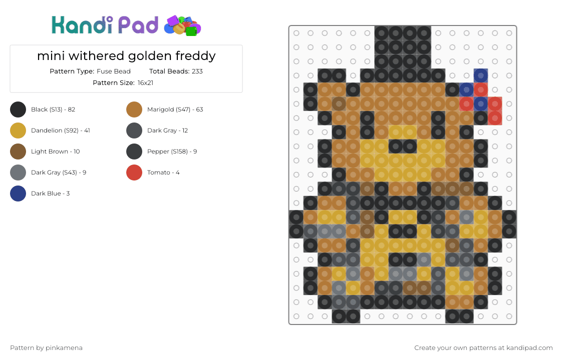 mini withered golden freddy - Fuse Bead Pattern by pinkamena on Kandi Pad - tan,orange,small,tiny,charm,keychain,fnaf,five nights at freddys,video game,easy