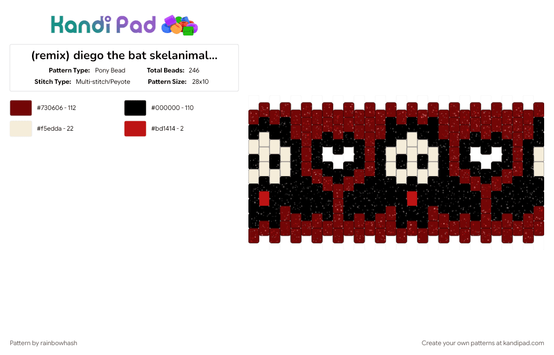 (remix) diego the bat skelanimals cuff - Pony Bead Pattern by rainbowhash on Kandi Pad - 2000s, animal, animals, brown, emo, halloween, scene, scenemo, skeleton