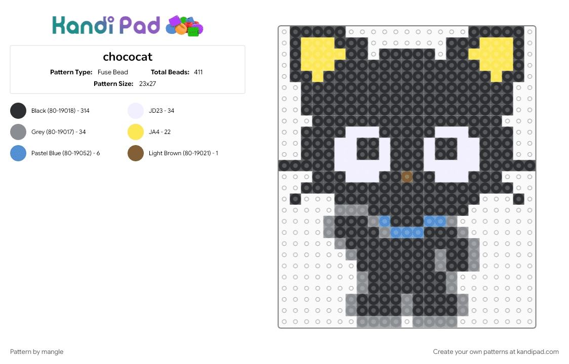 chococat - Fuse Bead Pattern by mangle on Kandi Pad - black, cat kitty, choco cat, cut kawaii, gray, hello kitty, kitten, sanrio, wave waving, yellow
