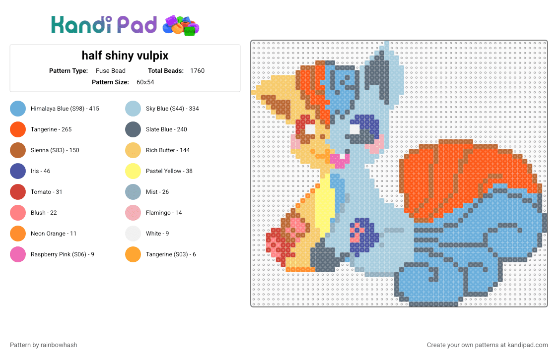 half shiny vulpix - Fuse Bead Pattern by rainbowhash on Kandi Pad - light blue,gray,orange,yellow,pokmon,cute,kawaii,animal,nintendo,video game