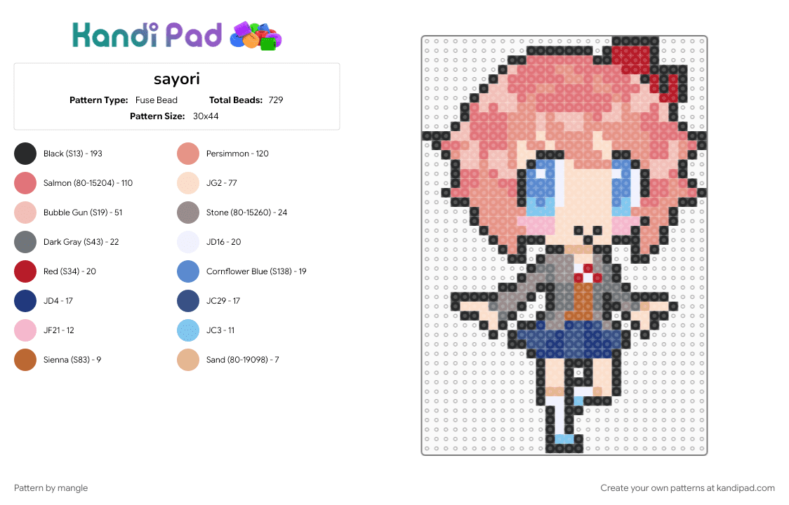 sayori - Fuse Bead Pattern by mangle on Kandi Pad - anime, beige, cute, ddlc, doki doki literature club, kawaii, red, video game