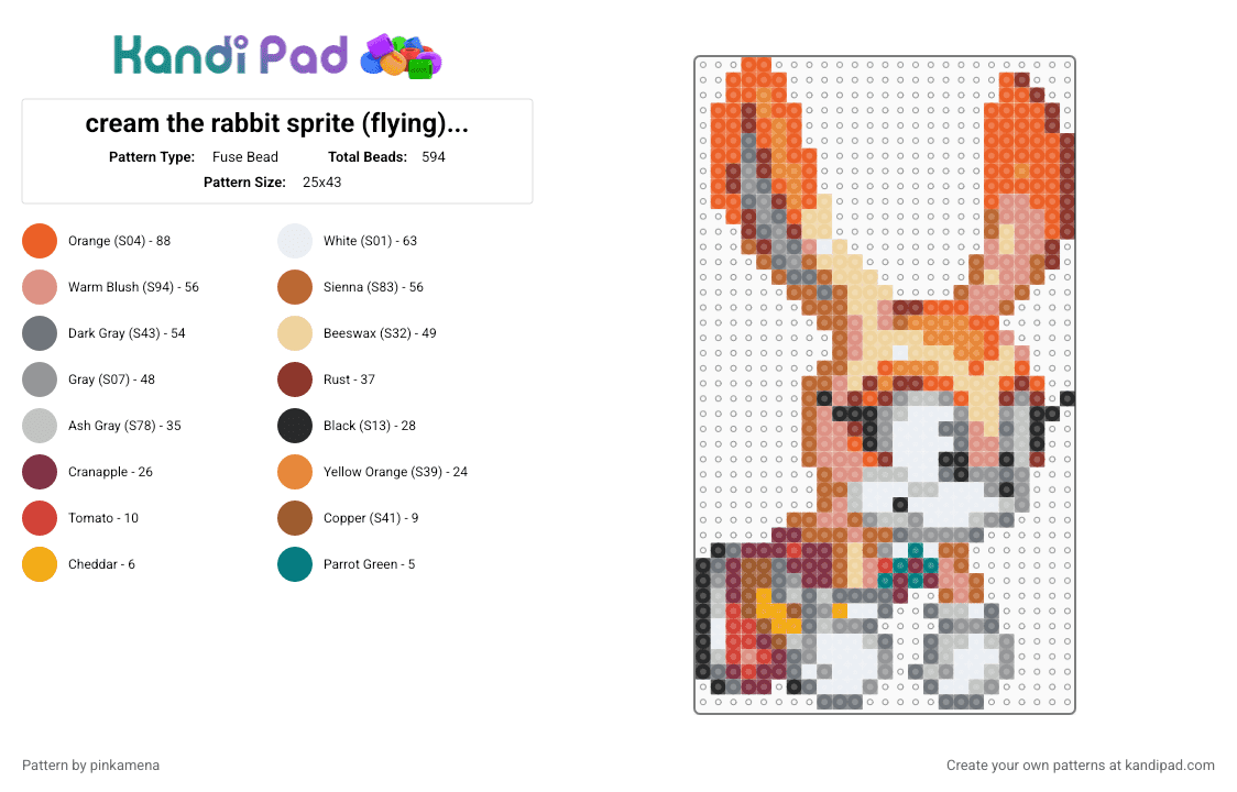cream the rabbit sprite (flying) ver.2 - Fuse Bead Pattern by rainbowhash on Kandi Pad - orange,gray,beige,tan,cute,kawaii,video game,sega,sonic the hedgehog,furry,bunny,animal