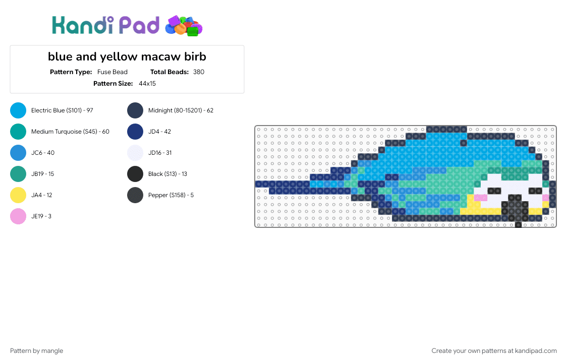blue and yellow macaw birb - Fuse Bead Pattern by mangle on Kandi Pad - animal animals, bird pet, blue and gold parrot, cute kawaii, light blue, purple, sleepy sleeping, teal
