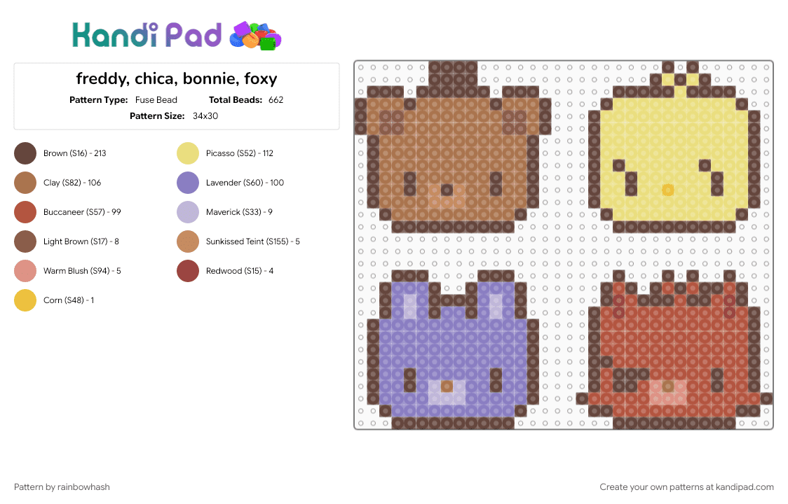 freddy, chica, bonnie, foxy - Fuse Bead Pattern by rainbowhash on Kandi Pad - brown, charm, charms, colorful, cute, five nights at freddys, fnaf, kawaii, tan, video game, yellow
