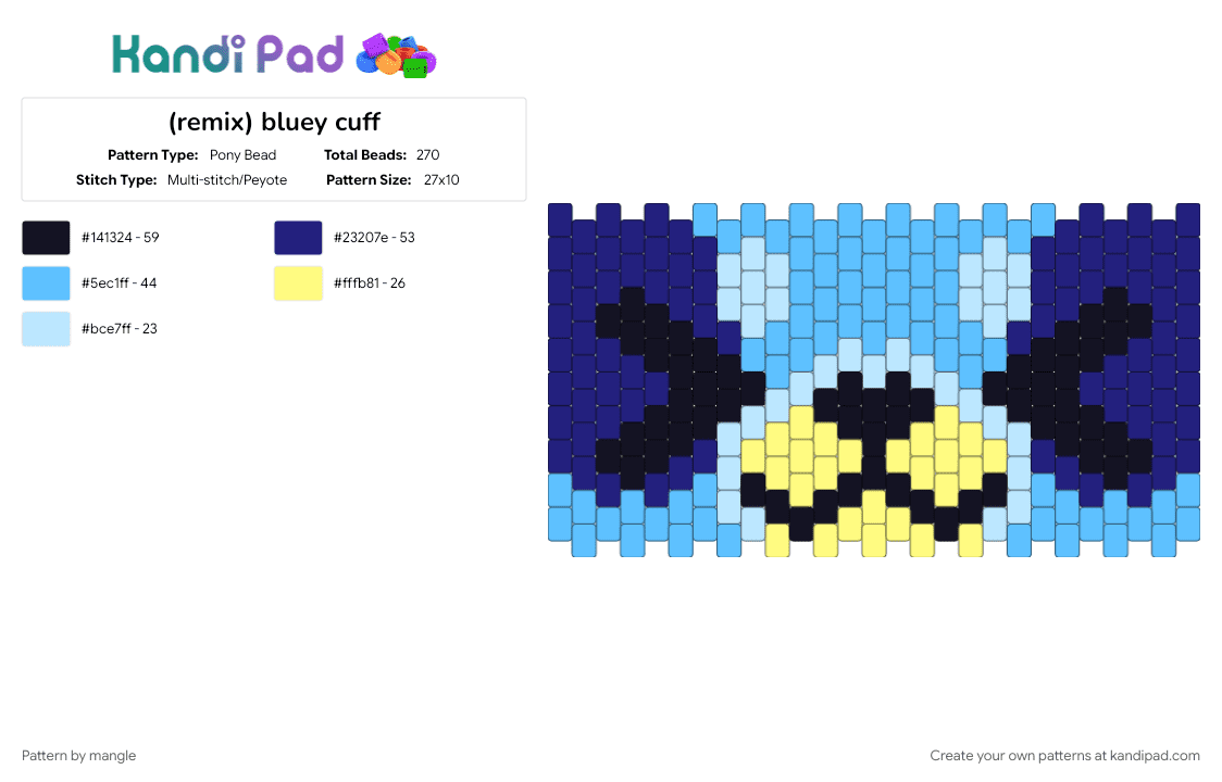 bluey cuff - Pony Bead Pattern by mangle on Kandi Pad - animal animals, cartoon character, cute kawaii, light blue, puppy dog, purple