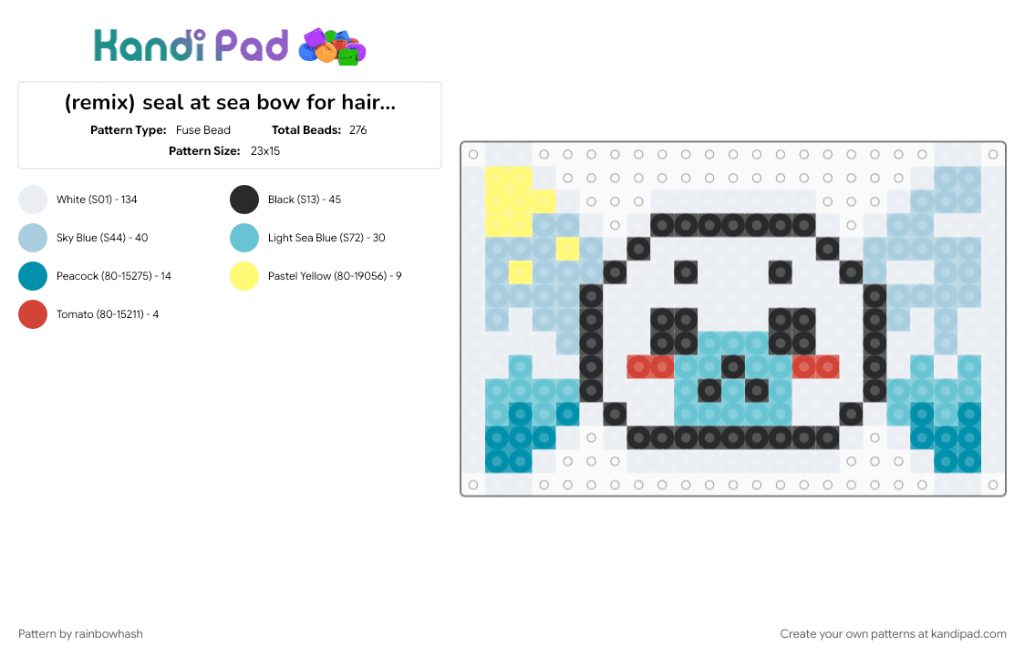 seal at sea bow for hairclip - Fuse Bead Pattern by mangle on Kandi Pad - accessory, animal, animals, beach, cute kawaii, decora bowtie, light blue, sea creature, wearable, white