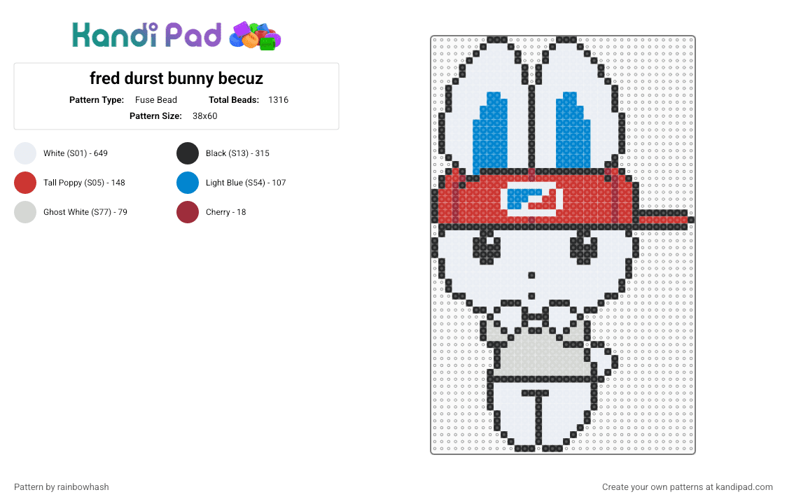fred durst bunny becuz - Fuse Bead Pattern by rainbowhash on Kandi Pad - white,red,blue,music,nu metal,numetal,rock,rabbit,limp bizkit