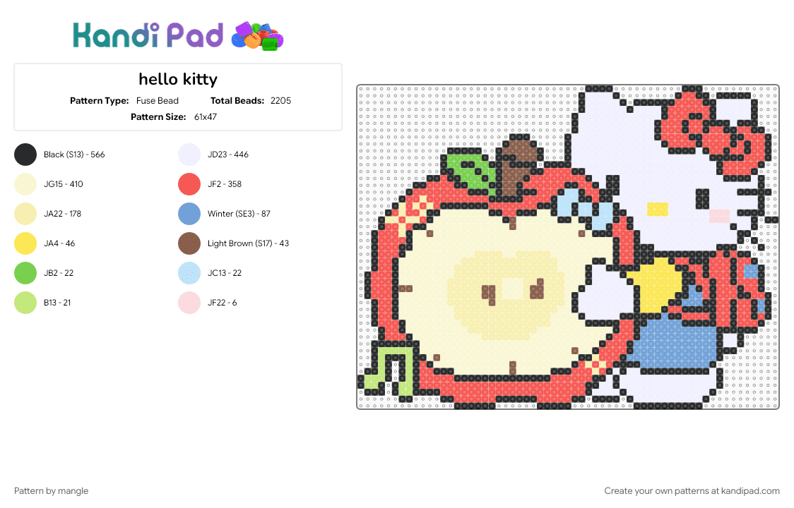 hello kitty - Fuse Bead Pattern by mangle on Kandi Pad - animals fruit, apple, cute kawaii, decoeation panel, kitten, kitty cat, red, sanrio animal, wall decor, white, yellow