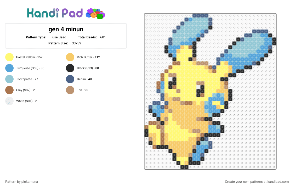 gen 4 minun - Fuse Bead Pattern by rainbowhash on Kandi Pad - animal, bunny rabbit, cute, kawaii, light blue, nintendo, pokmon, video game, yellow
