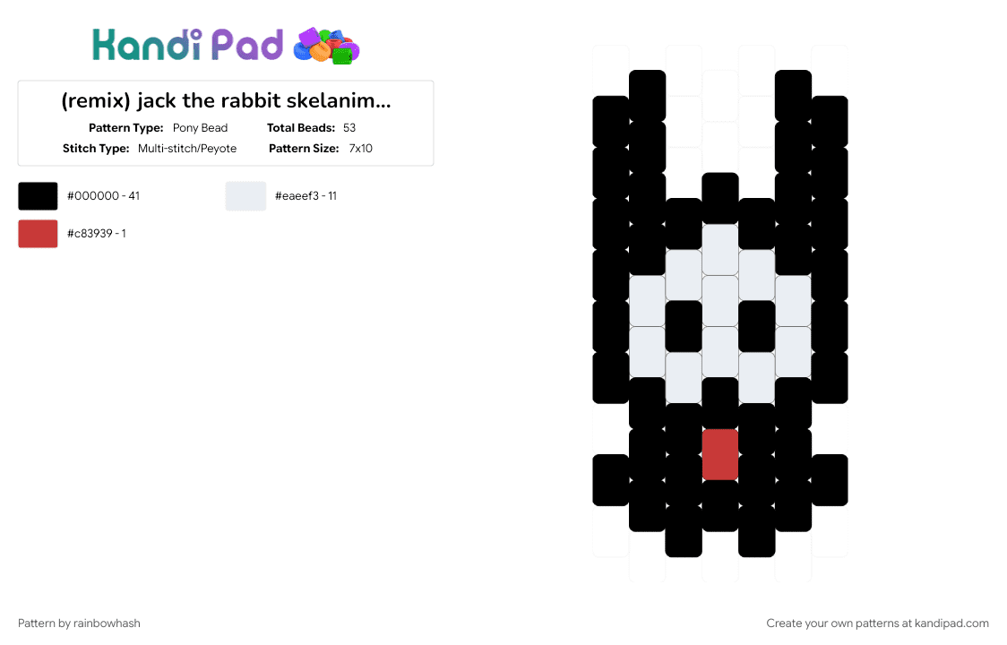 (remix) jack the rabbit skelanimals charm - Pony Bead Pattern by rainbowhash on Kandi Pad - accessory, animal, black, bunny rabbit, cute, emo, keychain, scene, scenemo, white
