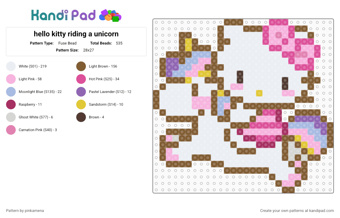 hello kitty riding a unicorn - Fuse Bead Pattern by pinkamena on Kandi Pad - white,tan,pink,sanrio,cute,kawaii,cat,kitten,small,easy,keychain