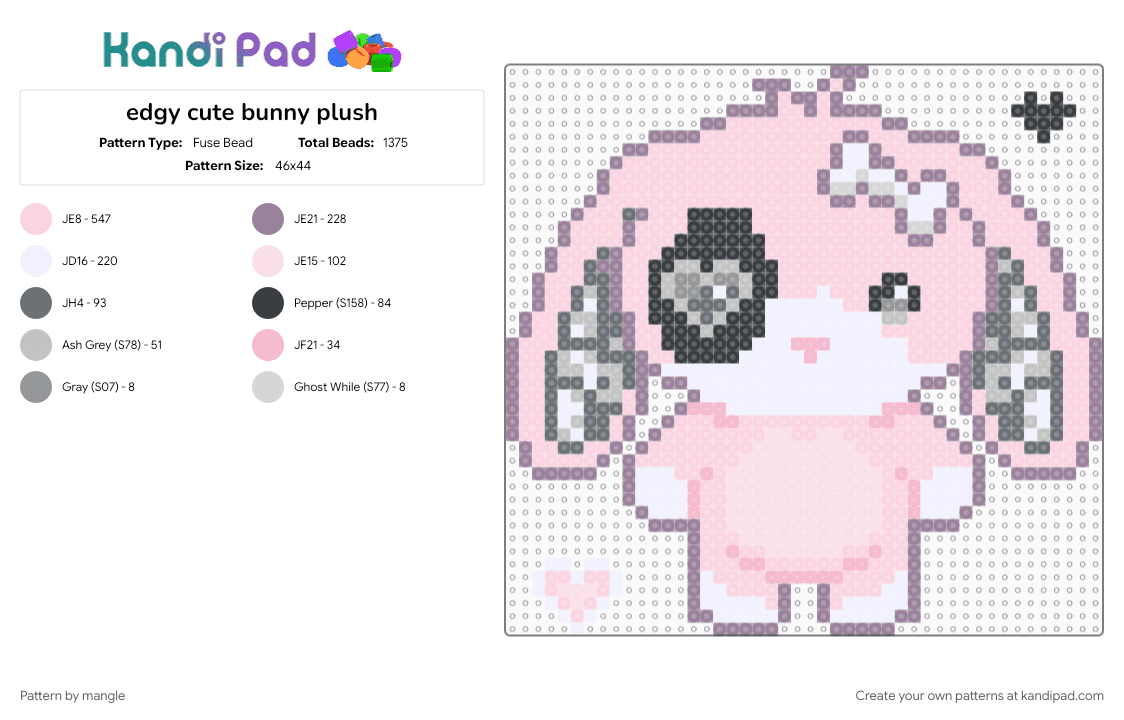edgy cute bunny plush - Fuse Bead Pattern by mangle on Kandi Pad - animal animals, cute kawaii, decora, gray, plushie plushy, rabbit, scene, scenemo, stuffed toy, white