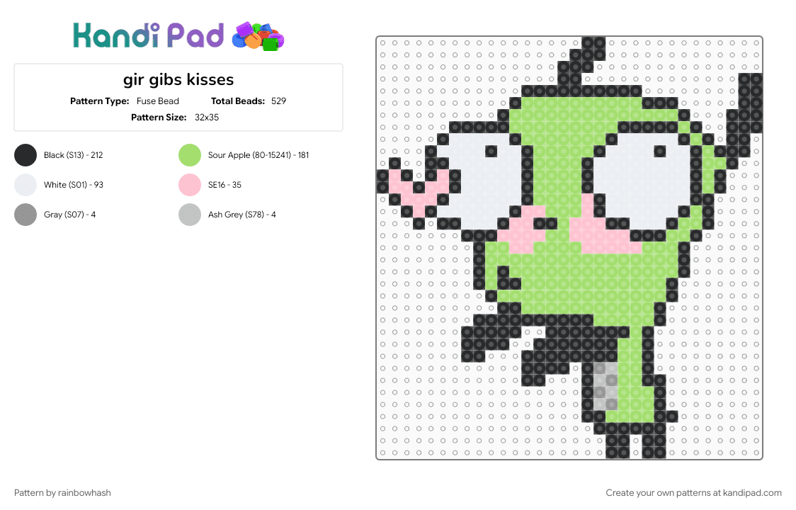 gir gibs kisses - Fuse Bead Pattern by mangle on Kandi Pad - cartoon, character, green, invader zim, nickelodeon, puppy dog