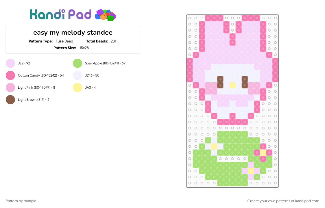 easy my melody standee - Fuse Bead Pattern by mangle on Kandi Pad - animal animals, beginner, bunny rabbit, cute kawaii, green, pink, sanrio