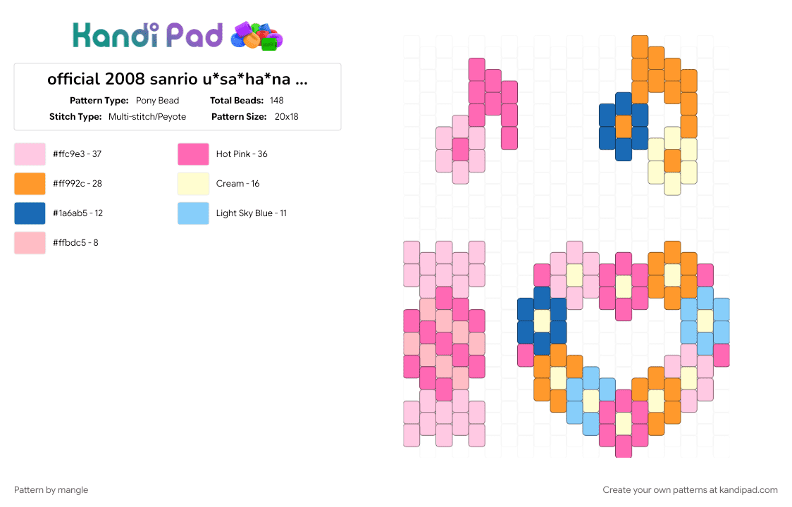 official 2008 sanrio u*sa*ha*na friends aquabeads set (aq-s05) (6) - Pony Bead Pattern by mangle on Kandi Pad - 2000s y2k, animal animals, bunny rabbit, cute kawaii, cutecore kawaiicore, decora colorful, flower flowers candy music, orange, pink, usahana sanrio