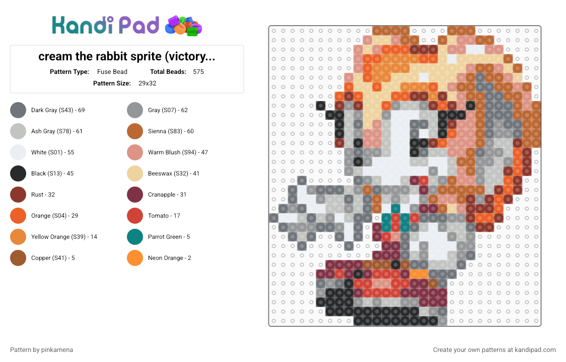 cream the rabbit sprite (victory) ver.2 - Fuse Bead Pattern by rainbowhash on Kandi Pad - tan,beige,gray,bunny,cute,kawaii,furry,animal,video game,sega,sonic the hedgehog