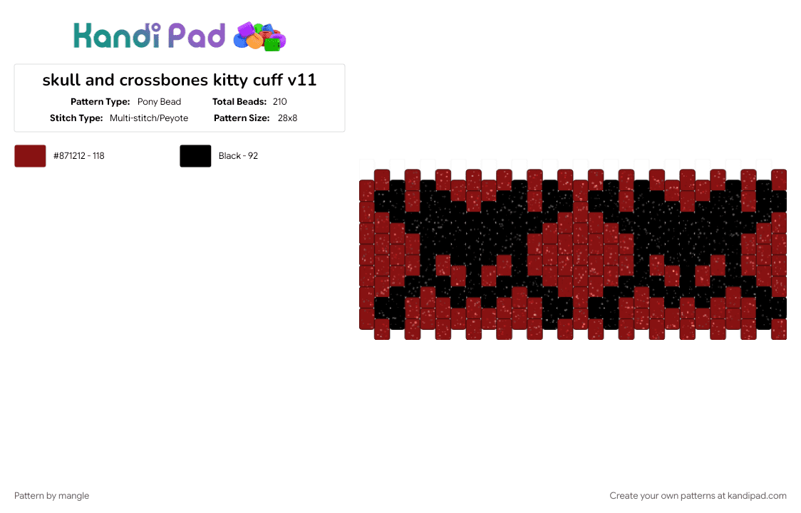skull and crossbones kitty cuff v11 - Pony Bead Pattern by mangle on Kandi Pad - animals, black, bone halloween, brown, kitty cat, monster bones, scary animal, scene emo horror, scenemo accessory
