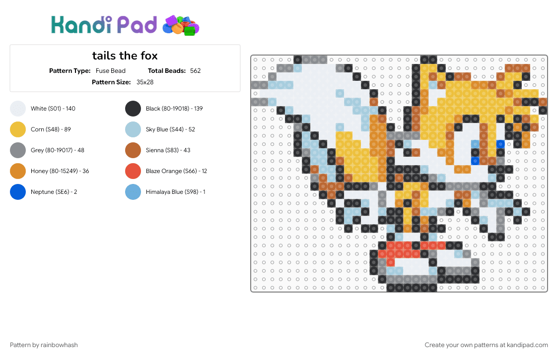 tails the fox - Fuse Bead Pattern by rainbowhash on Kandi Pad - gray, light blue, miles prower, sonic the hedgehog, tan, video game, yellow