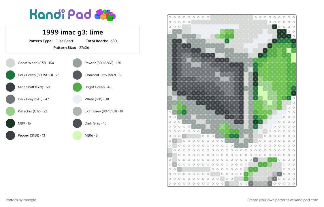 1999 imac g3: lime - Fuse Bead Pattern by mangle on Kandi Pad - 2000s y2k, 90s, computer, frutiger aero, gray, green, old tech, retro technology