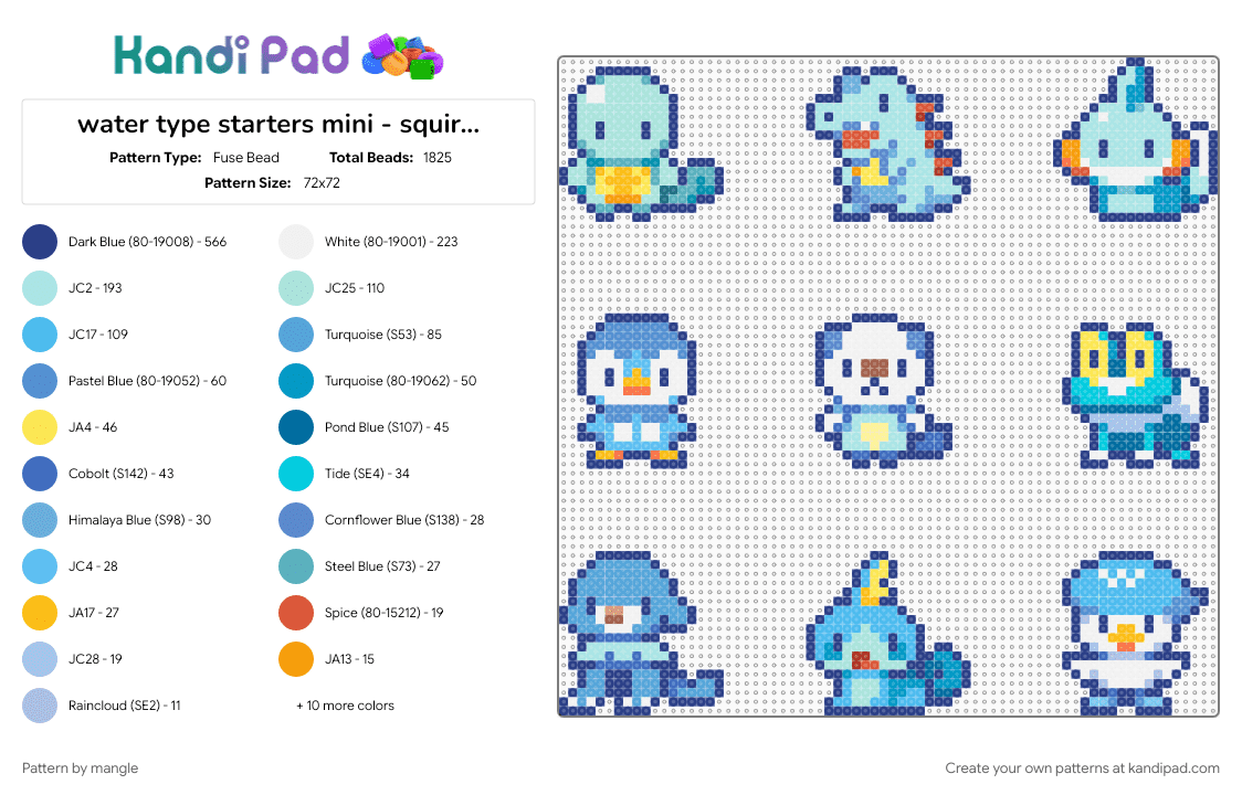 water type starters mini - squirtle, totodile, mudkip, piplup, oshawott, froakie, popplio, sobble, quaxly - Fuse Bead Pattern by mangle on Kandi Pad - animals, blue, charm, charms, cute, kawaii, light blue, nintendo, pokemon, video game