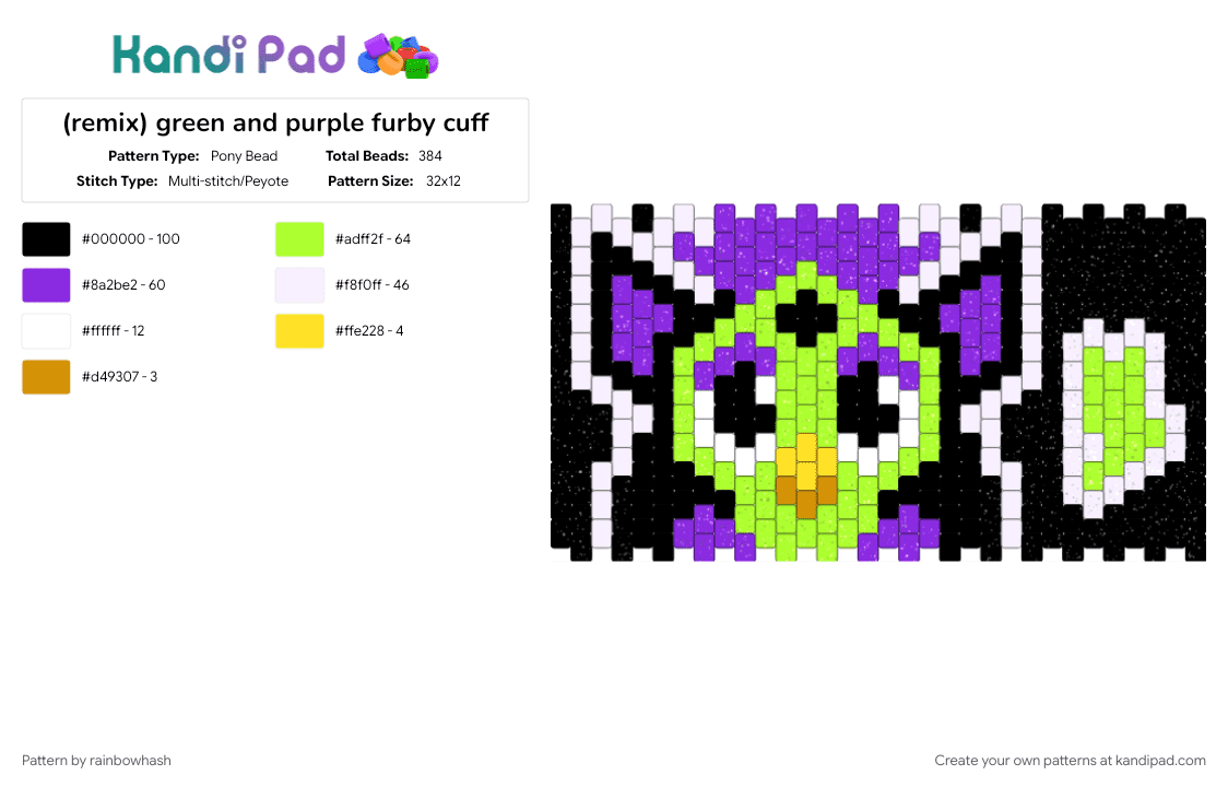 green and purple furby cuff - Pony Bead Pattern by mangle on Kandi Pad - 2000s, 90s, black, green, neon, nostalgia, purple, scene, scenemo, toy, toys