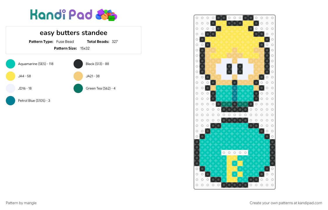 easy butters standee - Fuse Bead Pattern by mangle on Kandi Pad - animation animated, beginner, cartoon, south park, teal, tv show, yellow