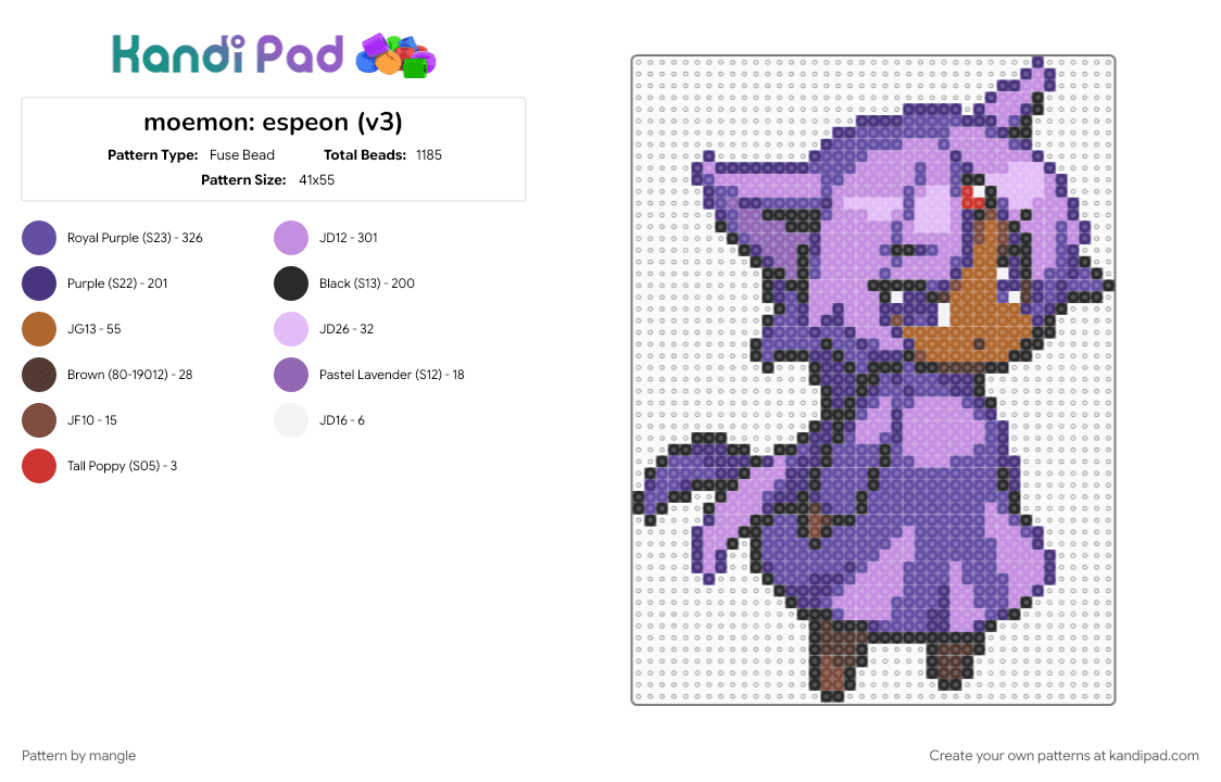 moemon: espeon (v3) - Fuse Bead Pattern by mangle on Kandi Pad - 2000s, anime, cute kawaii, eeveelution, nintendo, pink, pokemon, purple, video game, y2k