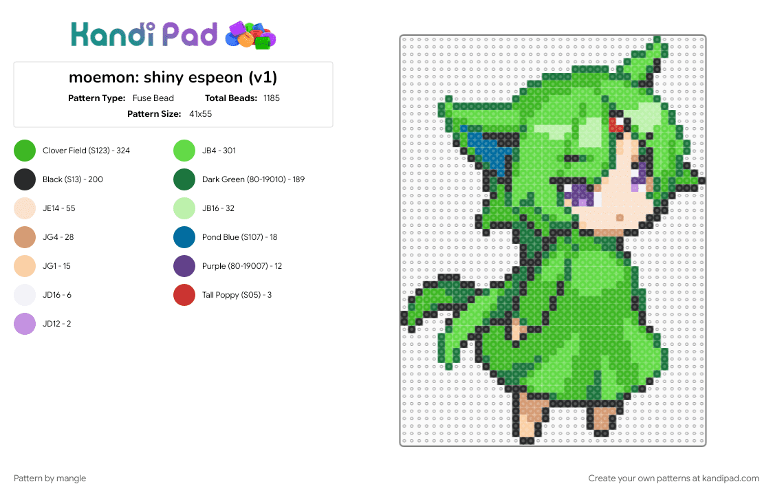 moemon: shiny espeon (v1) - Fuse Bead Pattern by mangle on Kandi Pad - 2000s, anime, cute kawaii, eeveelution, green, nintendo, pokemon, video game, y2k