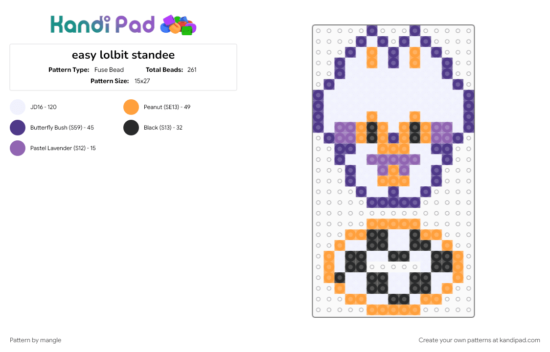 easy lolbit standee - Fuse Bead Pattern by mangle on Kandi Pad - beginner, five nights at freddys, fnaf, orange, purple, white
