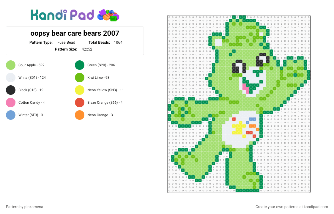oopsy bear care bears 2007 - Fuse Bead Pattern by pinkamena on Kandi Pad - green,cute,carebears,carebear,cartoon,animal,kawaii,care bear,oopsybear
