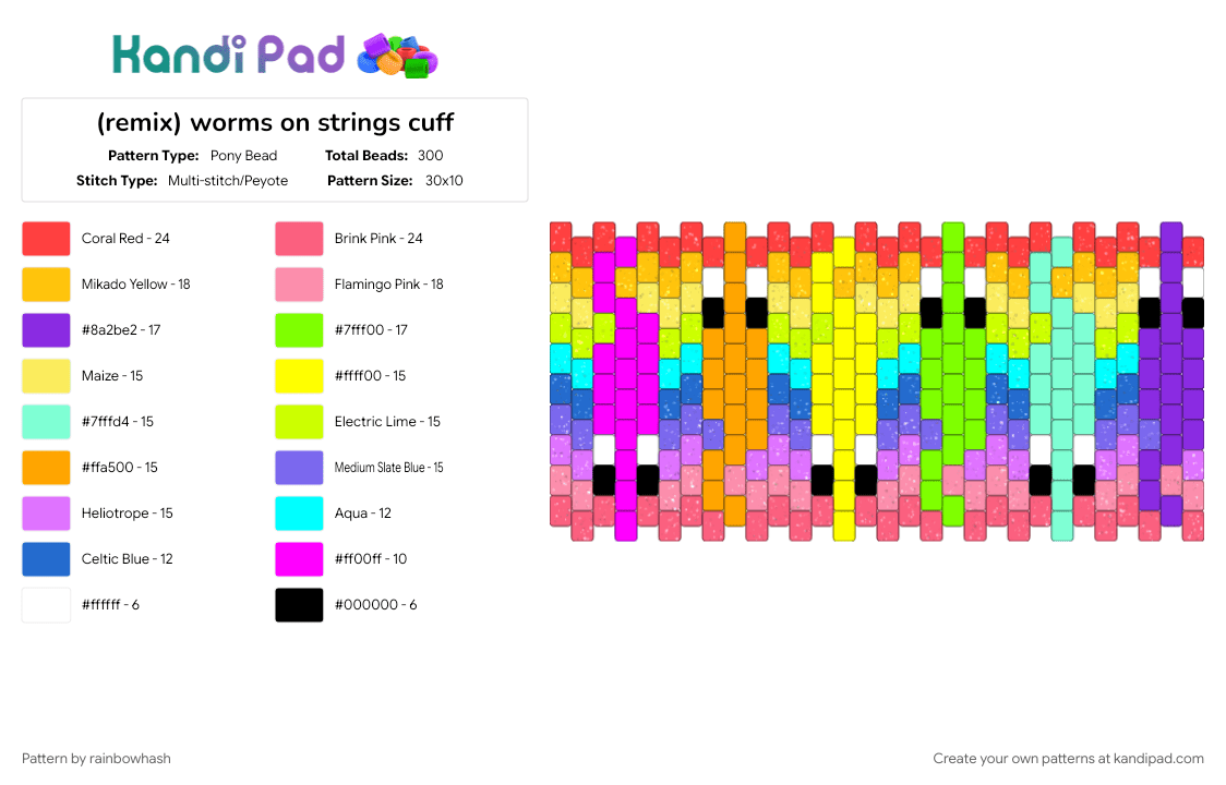 (remix) worms on strings cuff - Pony Bead Pattern by rainbowhash on Kandi Pad - blue, colorful, cute, pink, rainbow, red, silly, toy, toys, worm, yellow