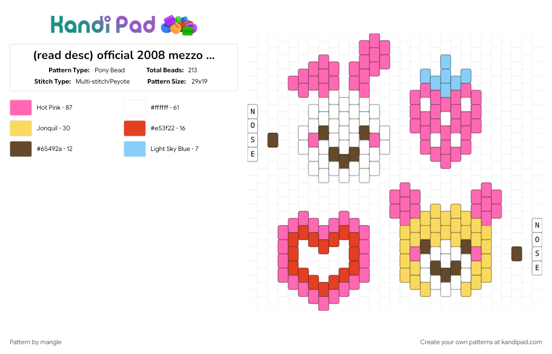 official 2008 mezzo piano aquabeads set (aq-49) (4) - Pony Bead Pattern by mangle on Kandi Pad - 2000s y2k, animal animals, bunny rabbit bear, cute kawaii, cutecore kawaiicore, decora colorful, heart love strawberry fruit, pink, yellow