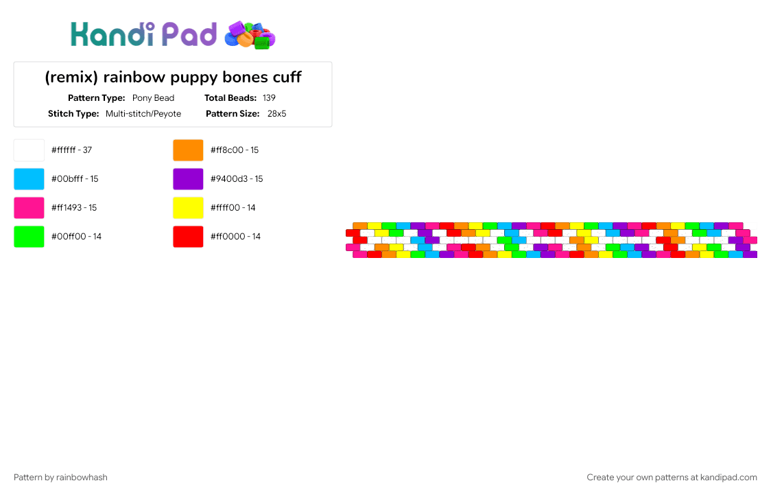 (remix) rainbow puppy bones cuff - Pony Bead Pattern by rainbowhash on Kandi Pad - animal, animals, colorful, cute, dog, light blue, pink, rainbows, skeleton, yellow