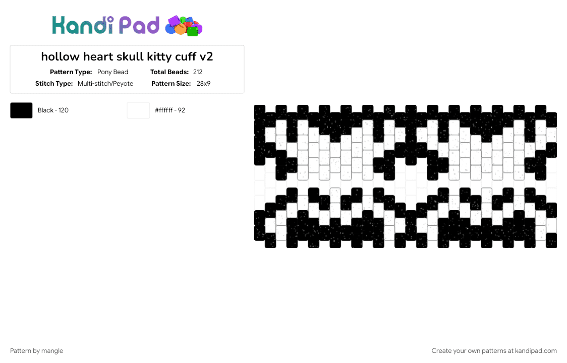 hollow heart skull kitty cuff - Pony Bead Pattern by mangle on Kandi Pad - animals, black, bone halloween, kitty cat, monster bones, scary animal, scene emo horror, scenemo accessory, white