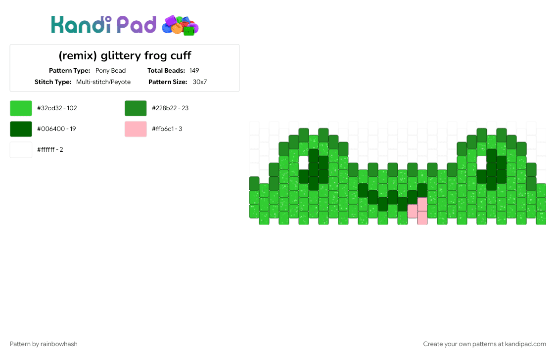 glittery frog cuff - Pony Bead Pattern by mangle on Kandi Pad - amphibian animal, animals, cute kawaii, decora, frogs, green